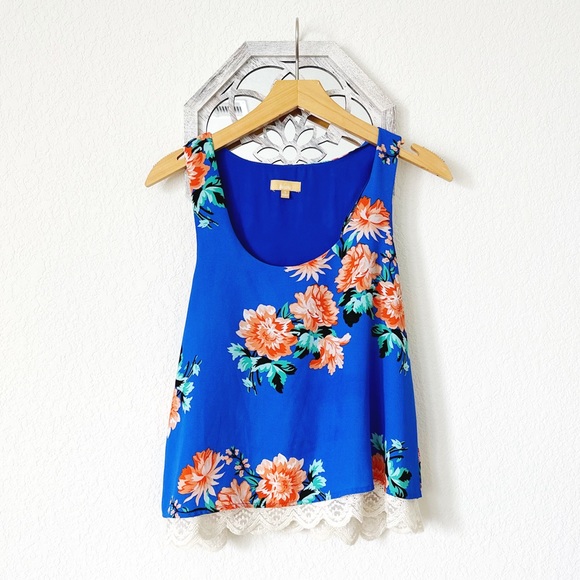 Takara Tops - Takara • Cobalt Blue Lace Trim Sleeveless Flowy Coquette Cottagecore Floral Top